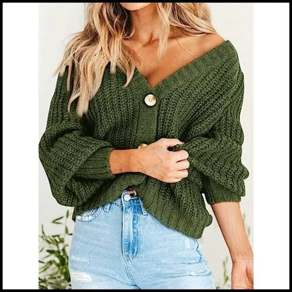 Chunky Knit Open Front Cardigan, Long Sleeve Button Loose Sweater, Women's - Picture 2 of 7